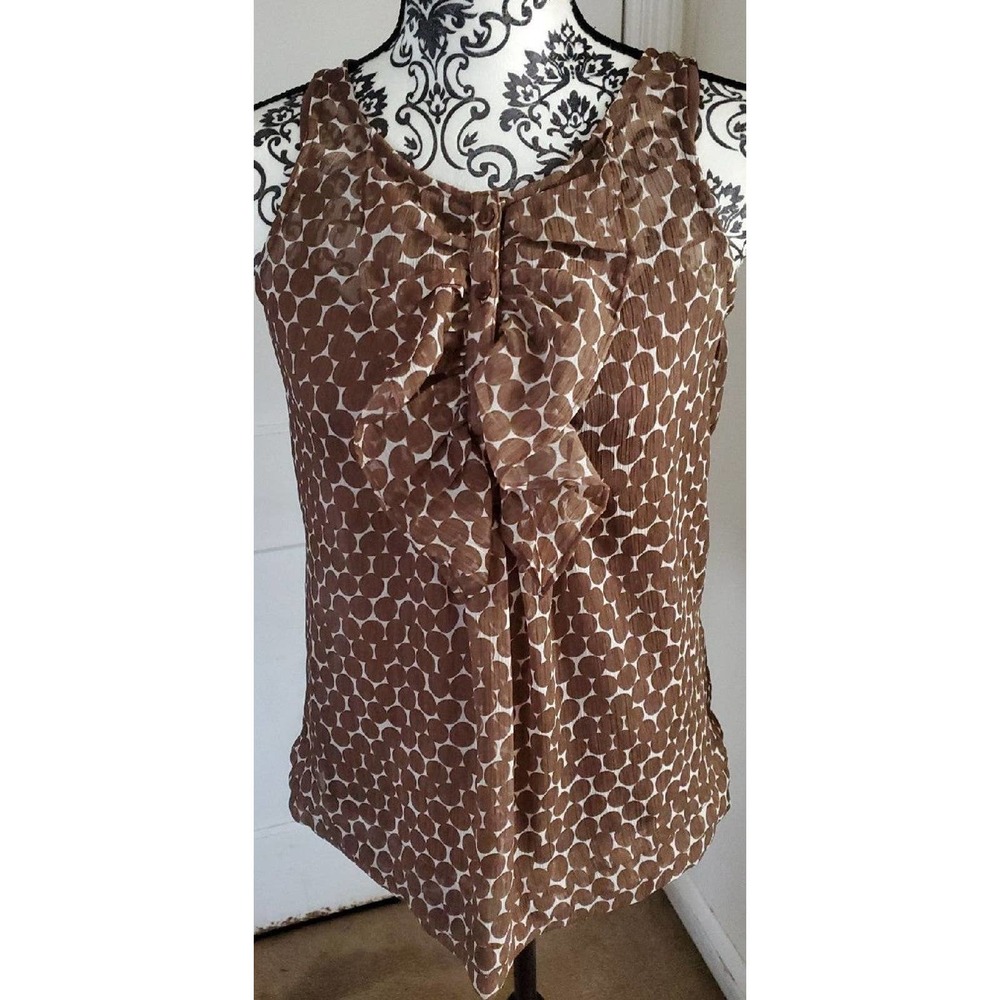 Classy white w/ brown polka dots sleeveless blouse